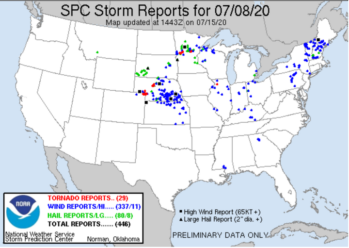 Map of July 8 Storm Prediction Center preliminary storm report