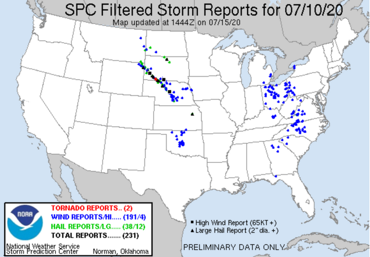 Map of July 10 Storm Prediction Center preliminary storm report