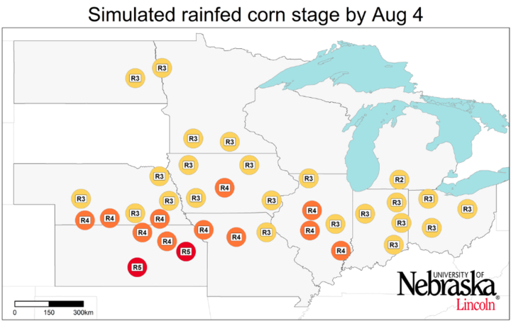Graph of Simulated developmental stage for rainfed corn at each location