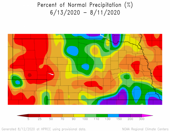 Sixty-day precipitation trend for Nebraska for the period June 13 – August 11, 2020. 