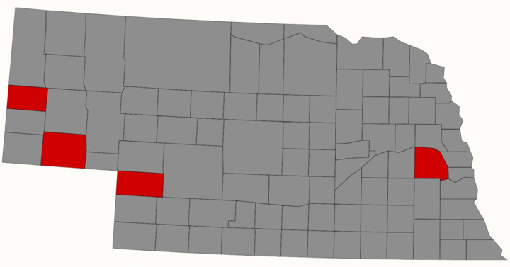 Map of Locations for winter wheat fertility field trials. Mead, Grant, Sidney, Scottsbluff counties are highlighted