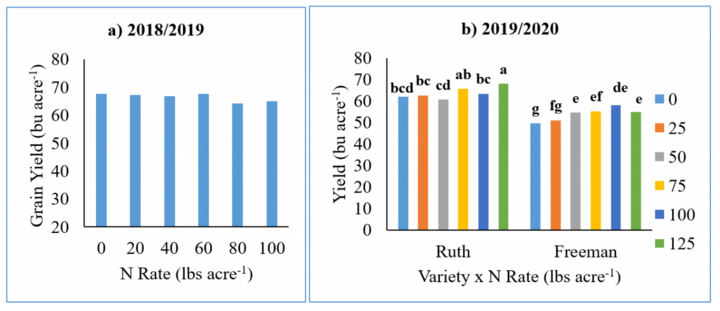 Grain Yield as affected by N rates at Mead, NE in two years of study.