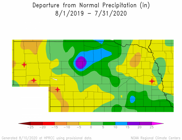 Graph of Departure from Normal Precipitation August 1, 2019 to July 31, 2020