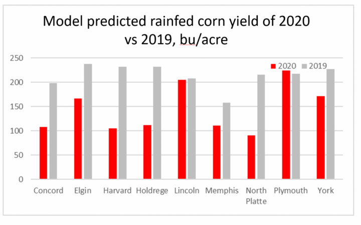 graph of model predicted rainfed corn yield of 2019 versus 2020