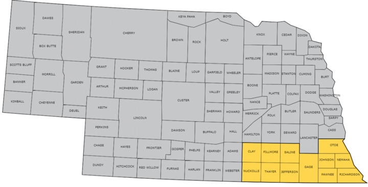 Map of Southeast Nebraska USDA Crop Reporting District consisting of Clay, Nuckolls, Fillmore, Thayer, Saline, Jefferson, Gage, Otoe, Johnson, Nemaha, Pawnee, and Richardson counties.