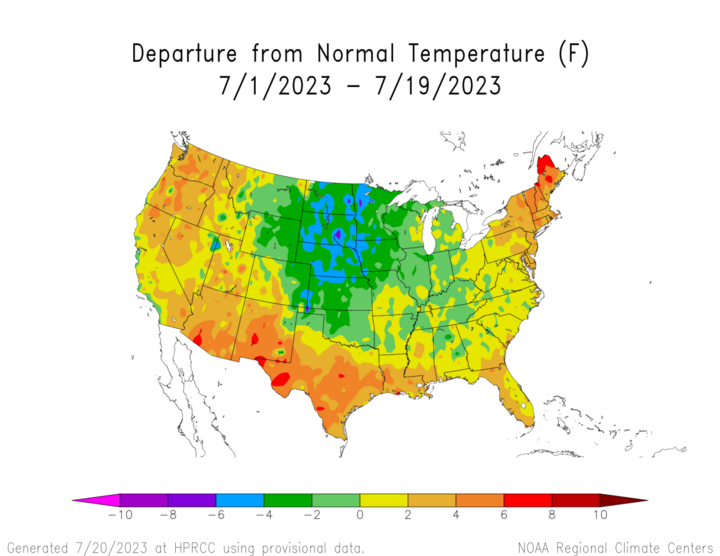 July 2023 temperature departures from the 1991-2020 average across the U.S.