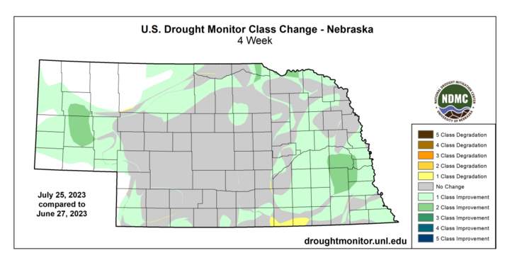 Four-week drought change in Nebraska July 2023