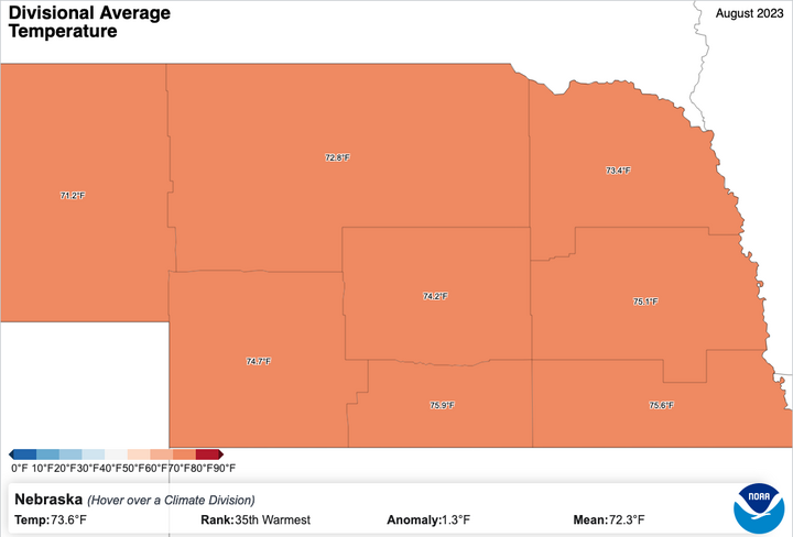 August 2023 average temperatures