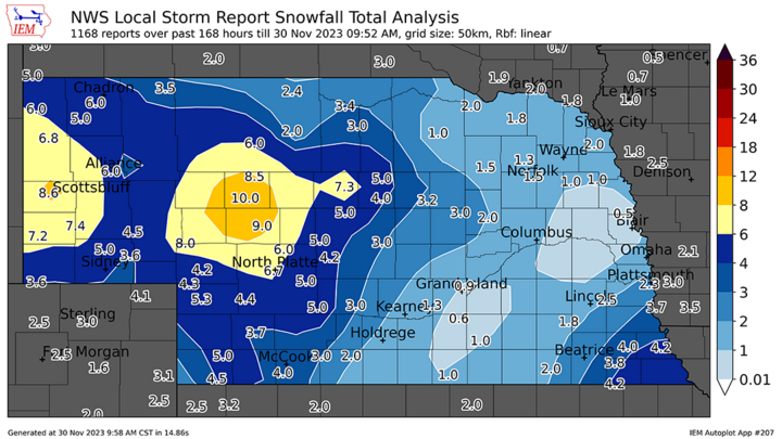 Snowfall as of Nov. 30