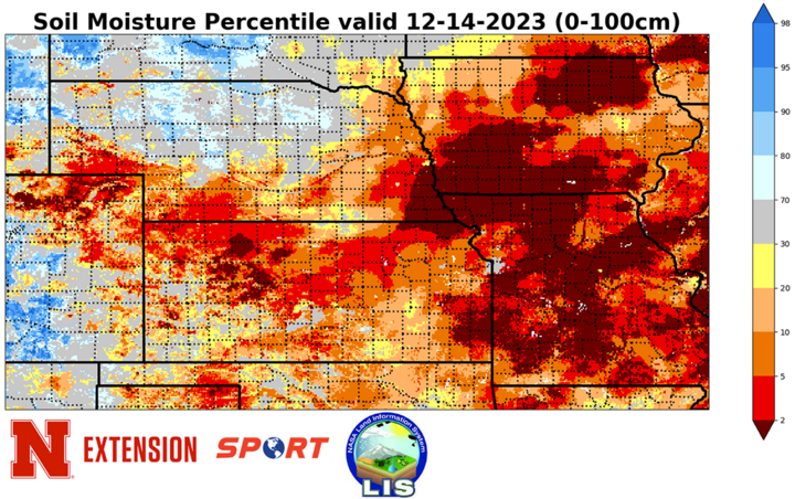 Root zone soil moisture percentiles as of Dec. 14