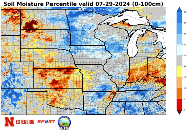 Soil moisture percentiles for July 29