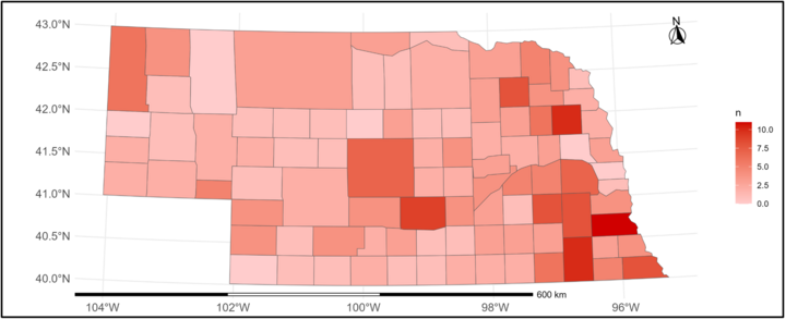 Nebraska counties with survey responses highlighted in red