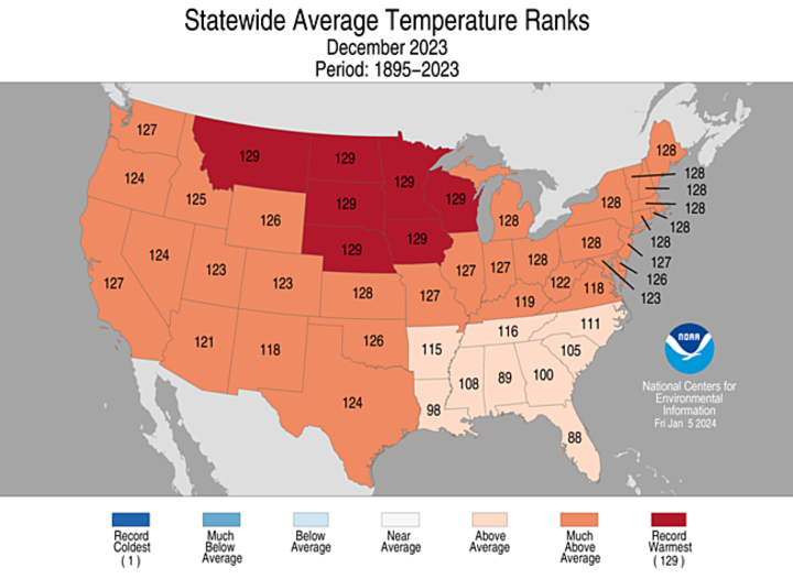 December 2023 temperature rankings