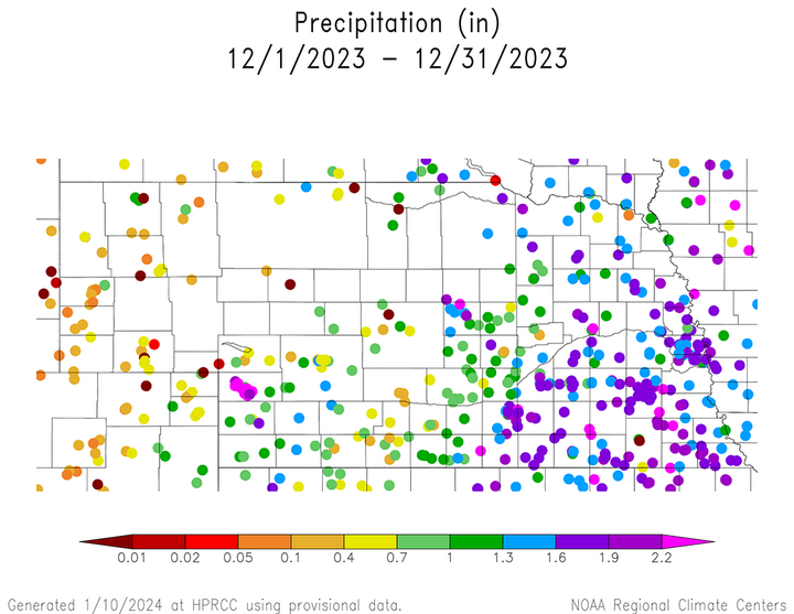 December 2023 total precipitation by station