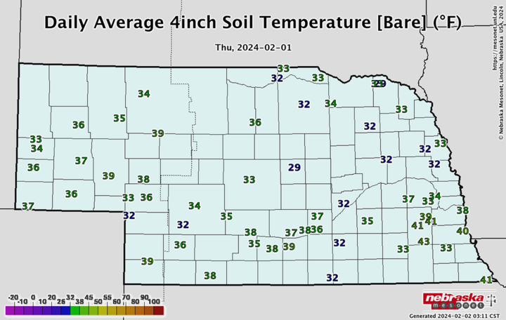 Four-inch bare soil temperatures as of Feb. 1