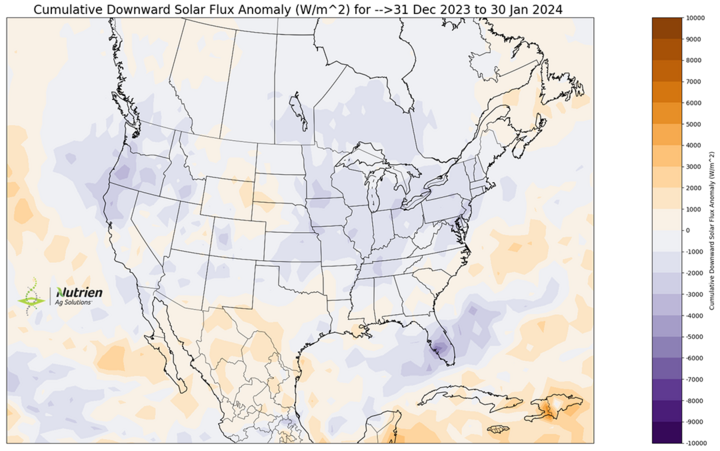 Thirty-day solar radiation anomalies for January 2024