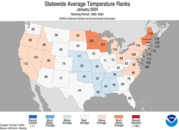 January 2024 temperature ranks