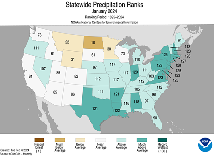 January 2024 precipitation ranks