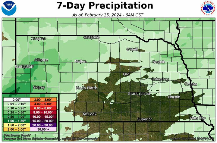 Seven-day total precipitation as of Feb. 15