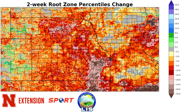 Two-week change in root zone percentiles map