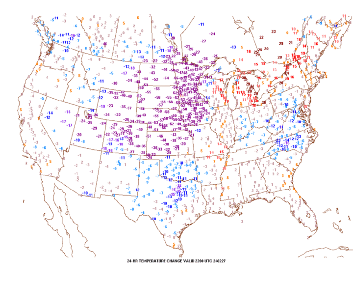 24-hour temperature changes map