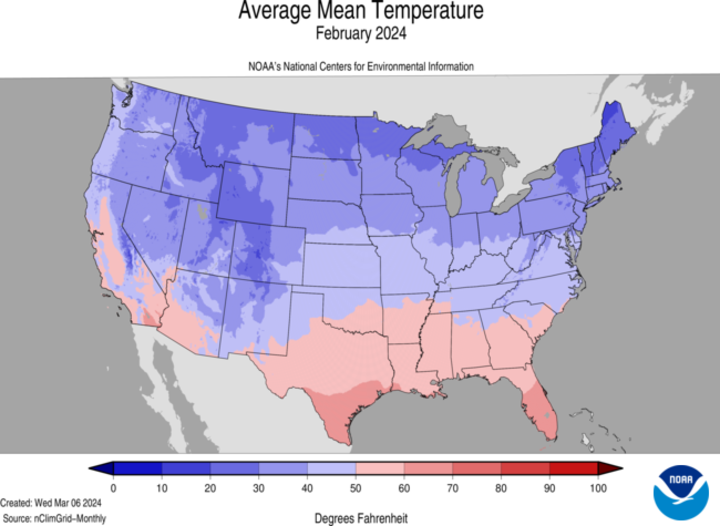 February 2024 average temperatures map