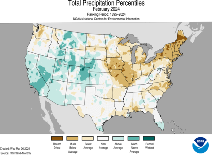 February 2024 total precipitation percentiles map