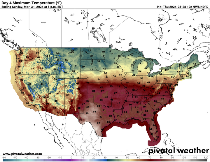 Expected high temperatures for March 31 map