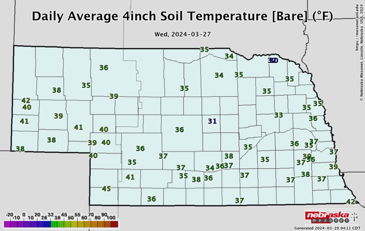 Latest four-inch bare soil temperatures map