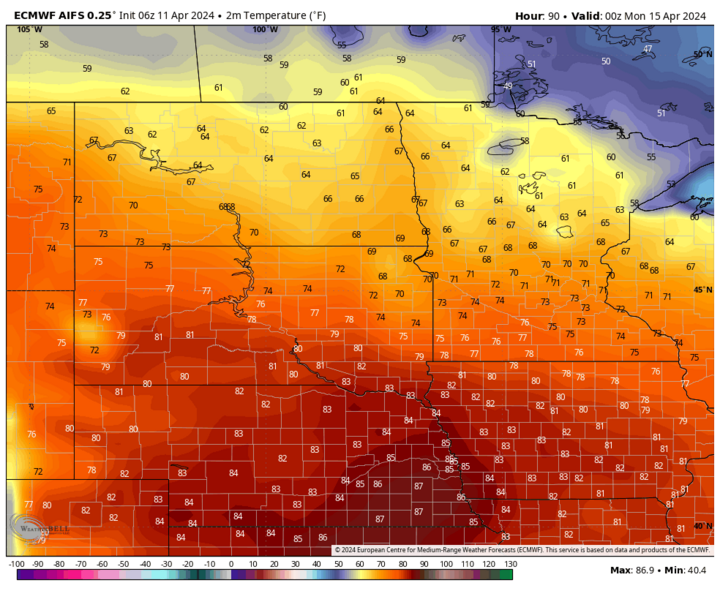 Projected high temperatures April 15 map