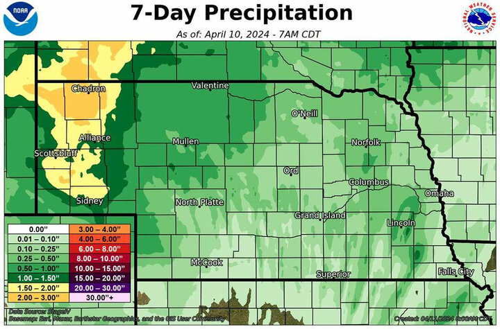 Seven-day precipitation totals as of April 10 map