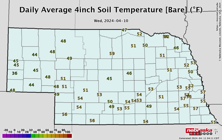 Four-inch bare soil temperatures map