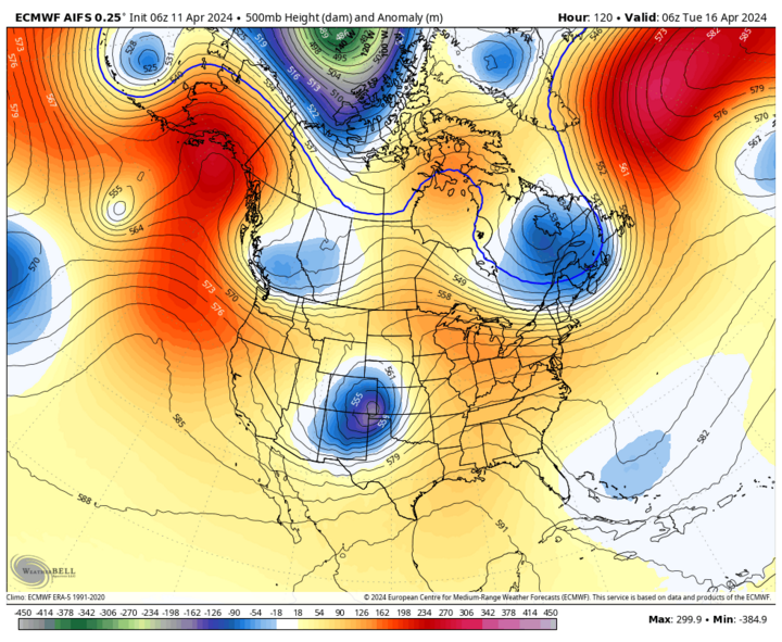 Map of 500mb height anomalies for April 16