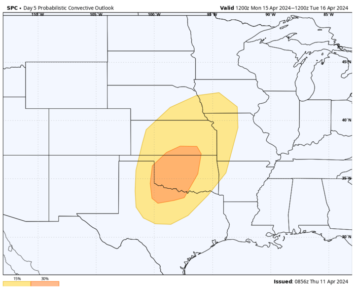 SPC severe storm risk percentages April 16 map