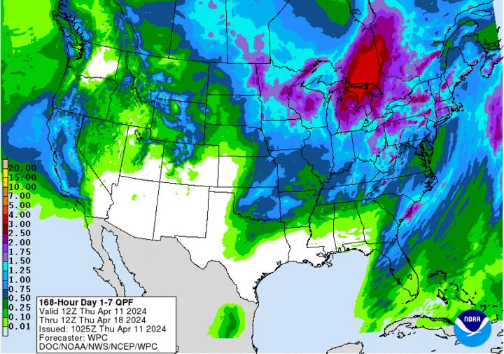 Seven day projected precipitation map