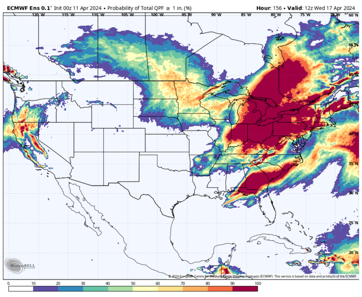 One-inch precipitation probability map