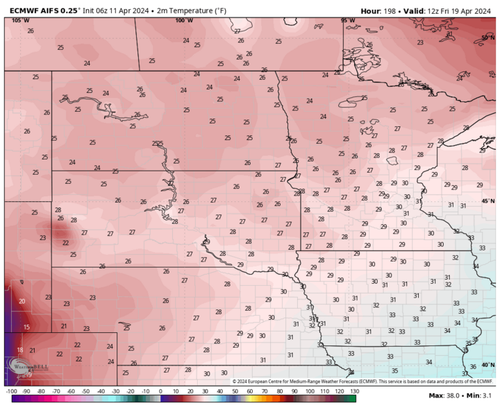 Projected low temperatures April 19 map