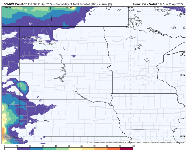 Probability of six inches of snow April 21 map