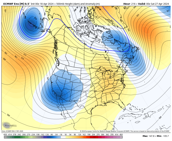 500-mb height anomalies April 27 map