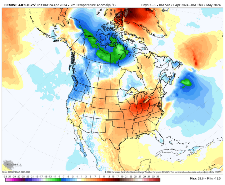 Projected temperature anomalies April 27 to May 2 map