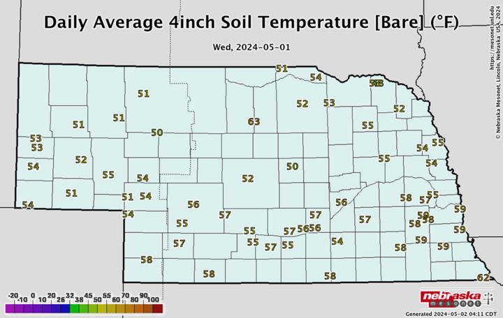 Four-inch bare soil temperatures May 1 map