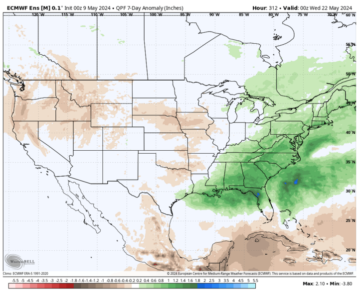 Eight- to 14-day precipitation anomalies map