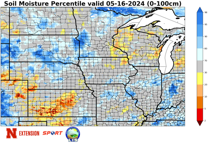 Soil moisture percentiles May 16