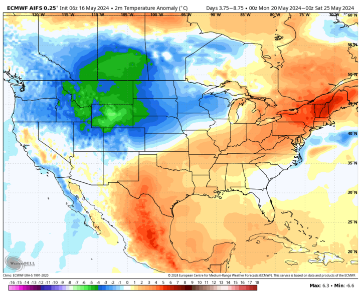 Projected temperature anomalies next week.