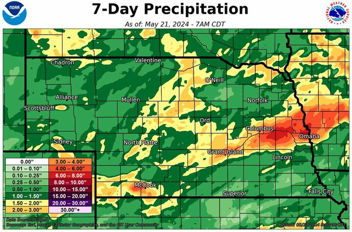 Seven-day precipitation totals map