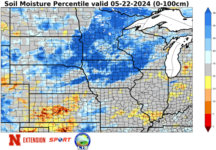 Soil moisture percentiles map for May 22