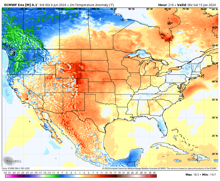 Temperature anomalies June 15 map