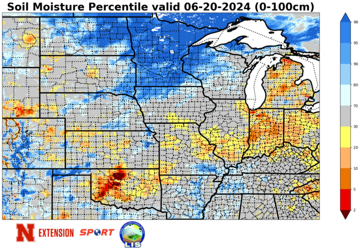 soil moisture percentiles June 20 map