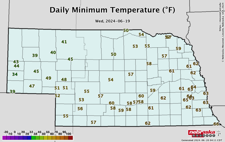 Minimum temperatures June 19 map