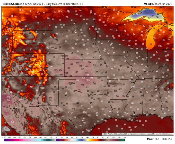 Projected high temperatures June 24 map